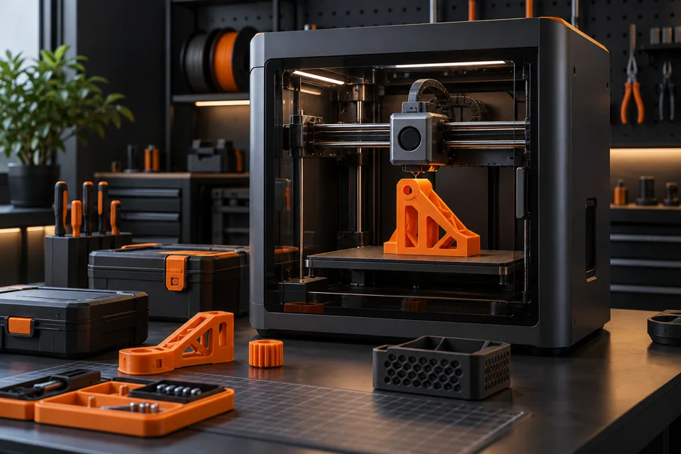 AI illustration of a high-tech 3D printer and orange printed parts